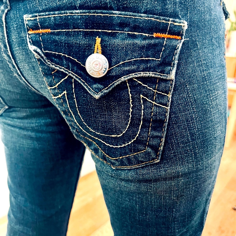 True Religion “Joey” Jeans style low rise dark denim flared jeans